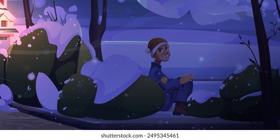 Angry man in Christmas hat hiding sitting in snowy bushes of park or yard near suburban house at night. Cartoon vector illustration of adult wicked male person in uniform in dark evening winter town.