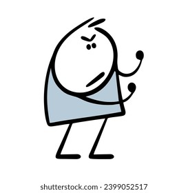 Angry man clenched his fists, struck a pose and prepared to defend himself. Vector illustration of a boxer in the ring. Stickman attacks enemies. Fight. Isolated character on white background.