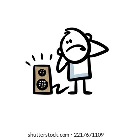Angry man closing his ears because of loud sound from music column. Vector illustration of nagative emotions.