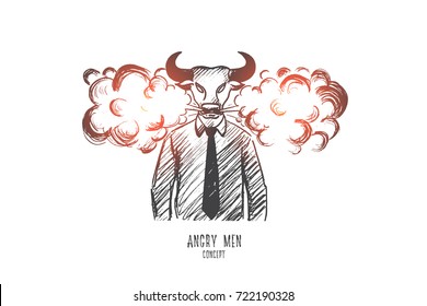 Angry man concept. Hand drawn man with head of bull. Furious person isolated vector illustration.