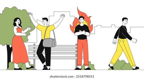 Angry man in crowd. Young guy on fire stands in crowd of young people. Negative feelings and emotions. Aggressive and angry person. Linear vector illustration isolated on white background
