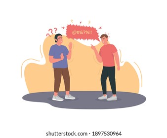 Angry man cursing, swearing 2D vector web banner, poster. Irritated guy. Quarrel, disagreement. Conflicting men flat characters on cartoon background. Bad habit printable patch, colorful web element