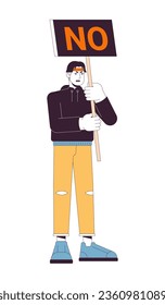 Angry man disagreeing flat line color vector character. Demonstration. Demonstration poster. Editable outline full body person on white. Protest simple cartoon spot illustration for web graphic design