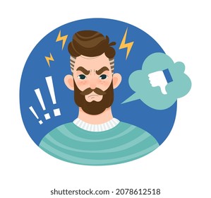 Angry man with dissatisfied expression on face. Upset discontented guy with frowned face and thumb down icon. Flat cartoon vector illustration