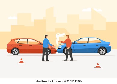 Angry man driver arguing after car traffic accident on road. Frustrated and annoying people yelling standing on roadside, driver conflict after auto collide crash vector illustration