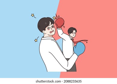 Angry man employee in boxer gloves kick beat male colleague. Furious mad businessman show superiority and power with coworker. Business knockout, failure and loss. Flat vector illustration. 