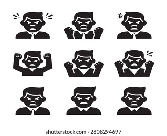 Angry man expressing frustration in a solid black silhouette icon set collection