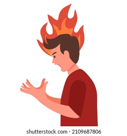 Angry man expression character with flame on background in flat design. Anger emotion.
