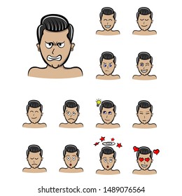 angry man expressions. Set of different emotions male character. Handsome man emoji with various facial expressions. Vector illustration in cartoon style
