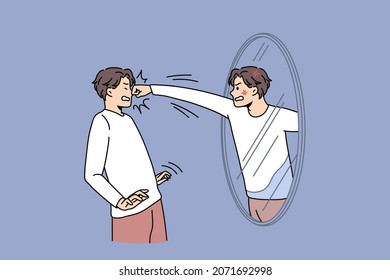 Angry man fight with mirror reflection. Furious mad guy have inner conflict and mental health problems. Suffering from abuse and self-violence. Anger control. Flat vector illustration.