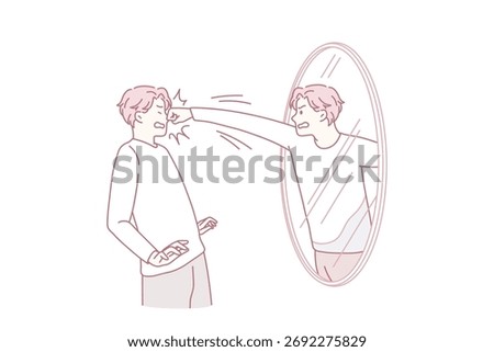 Angry man fight with mirror reflection. Furious mad guy have inner conflict and mental health problems. Suffering from abuse and self-violence. Anger control. Flat vector illustration.