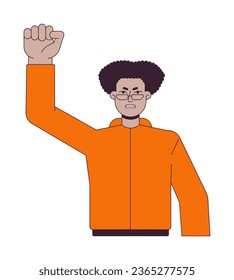 Angry man flat line color vector character. Raising hand up. Man protesting, clenching fist. Editable outline half body person on white. Simple cartoon spot illustration for web graphic design