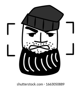 Angry man in the frame. A criminal with a beard and stubble with a vicious emotion of anger. Terrorist in a hat under supervision. Control of suspicious persons and identification of persons.
