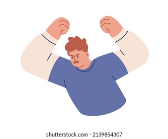 Angry man with furious face expression. Screaming yelling person gesturing in anger and rage, expressing fury, negative emotions, feelings. Flat vector illustration isolated on white background