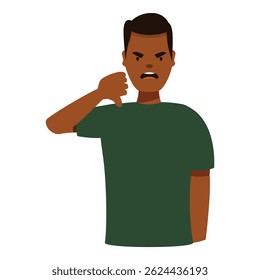 Angry man gesturing thumbs down, expressing disapproval and negative feedback