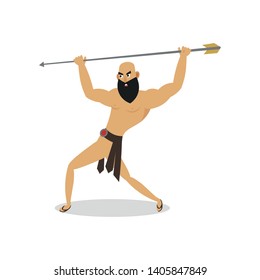Angry man gladiator with long metal spear attack
