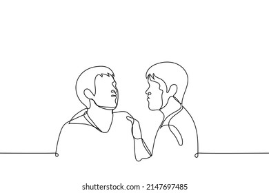 angry man grabbed another by the scruff of the neck and brought his face closer to him - one line drawing vector. concept of rage, anger, conflict, quarrel, aggression, use of physical force, violence