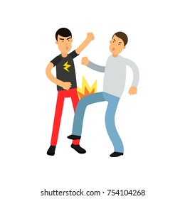 Angry man in gray sweater punches young guy in t-shirt with flash. Aggressive behavior and fighting. Cartoon people characters in action. Vector illustration in flat style isolated on white background