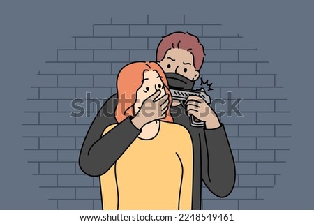 Angry man with gun in hands rob scared young woman outdoors. Furious criminal threaten terrified girl with weapon. Robbery and kidnapping. Vector illustration. 