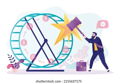 Angry man with hammer breaks hamster wheel. Businessman was able to get out of routine. Worker disappointed with low salary and work schedule. Guy expresses negative emotions. Flat vector illustration