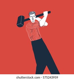 Angry man with hammer. Creative vector illustration on red background.