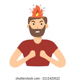 Angry man. Head Vector illustration of anger, fury, annoyance. Anger, stressed Burnout, stress, emotional problem abstract concept. Burning brain. flame. flat character Depressed or mental illness.