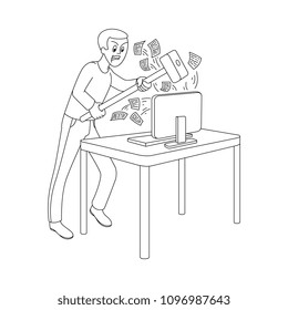 Angry man holding big hammer going to break desktop computer monitor flying out messages. Irritated male character furious about information overload. Vector monochrome sketch illustration isolated