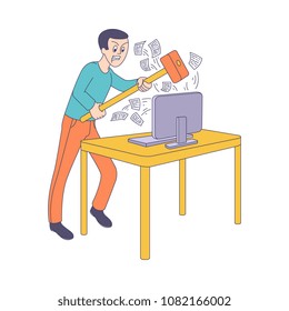 Angry man holding big hummer going to break desktop computer monitor with flying out messages. Irritated male character furious about information overload. Vector sketch illustration isolated