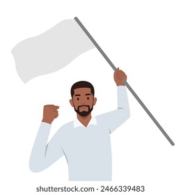 Angry man holding blank or white flag. Flat vector illustration isolated on white background