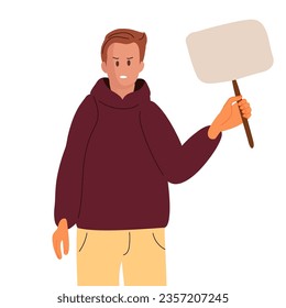 Angry man holding empty banner. Copy space. Activism concept. Message board. Flat vector illustration. Male activist character. Wrestling concept. Activist protesting, meeting, strike human rights
