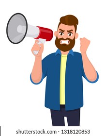Angry man holding a megaphone or loudspeaker and raising hand fist gesture. Rage businessman screaming very loud. Human emotion and body language concept illustration in vector cartoon flat style.