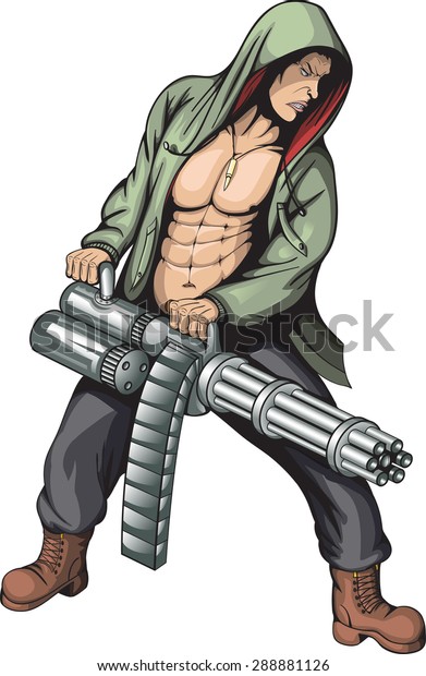 Angry Man Hood Gatling Gun Stock Vector Royalty Free 288881126