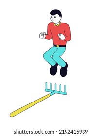 Angry man is jumping on a rake. Cartoon person with emotional problems is hurting himself.