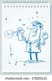 Angry man killing flies with spray.