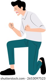 Angry Man Kneeling Loudly Yelling Frustration
