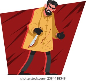 Hombre enojado con un cuchillo en la mano usando impermeable amarillo sangriento, maniático con guantes negros. Ilustración vectorial de acciones