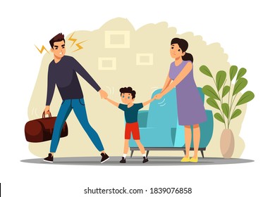 Angry man leaving family after conflict. Woman and man quarreling, father leaves thinking of divorce, child suffering, wife crying. Unhappy marriage vector illustration. Domestic quarrels.
