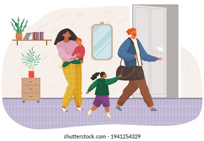 Angry man leaving family after conflict. Woman and man quarreling, father leaves thinking of divorce