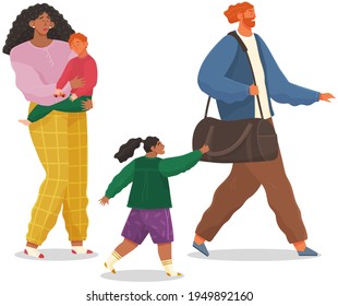 Angry man leaving family after conflict. Woman and man quarreling, father leaves thinking of divorce
