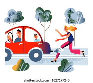 Angry man leaving with son in car after conflict with wife. Woman and man quarreling, father drives away, sad child suffering, wife crying. Unhappy marriage vector illustration. Domestic quarrels.