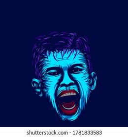 Angry man line pop art potrait logo colorful design with dark background. Abstract vector illustration. Isolated black background for t-shirt, poster, clothing, merch, apparel, badge design