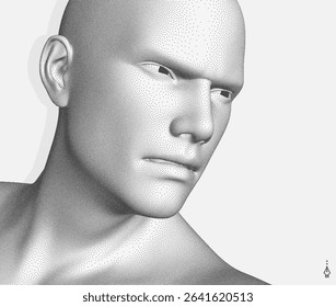An angry man with an angry look in his eyes. An emotional face. 3D model in stipple style with the effect. Vector for presentation, card, banner, cover, brochure.