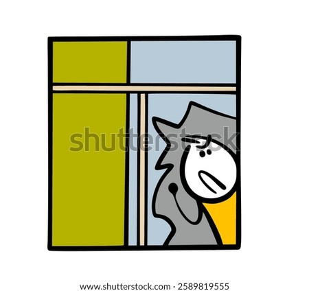 Angry man looks out the broken window and threatens the bullies. Vector illustration of children breaking glass with a ball. Isolated funny cartoon character on white background.
