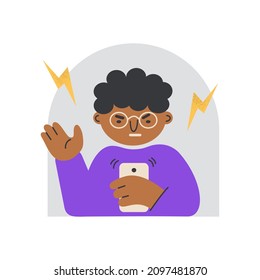 An angry man looks at the phone with negative emotions. Angry man with irritable facial expression holding smartphone vector flat illustration.