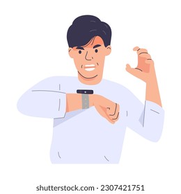 Angry man looks at wrist watch. Man rushing about time. Businessman stressed with employee for delay. Modern trendy style. Hand drawn vector character illustration. Isolated on white background.