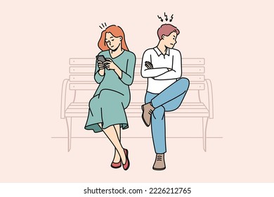 Angry man mad at busy woman using cellphone texting or messaging online in gadget. Stubborn couple sit on bench have relationship problems. Vector illustration. 