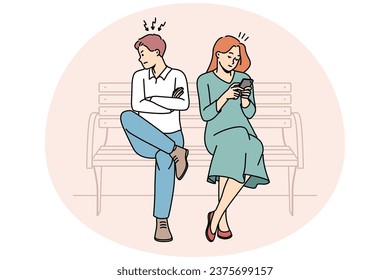 Angry man mad at busy woman using cellphone texting or messaging online in gadget. Stubborn couple sit on bench have relationship problems. Vector illustration.