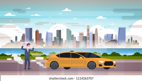 angry man in mask car emissions of exhaust gases carbon dioxide over smog nature pollution city landscape atmosphere, full length, flat