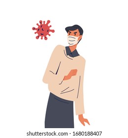 Angry man in medical mask near the virus bacteria isolated on white background. Person protection from epidemic disease. Coronavirus pandemic prevention. Vector illustration in flat cartoon style