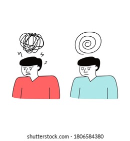 Hombre enojado con problemas mentales y hombre tranquilo. Ilustración dibujada a mano sobre fondo blanco. 